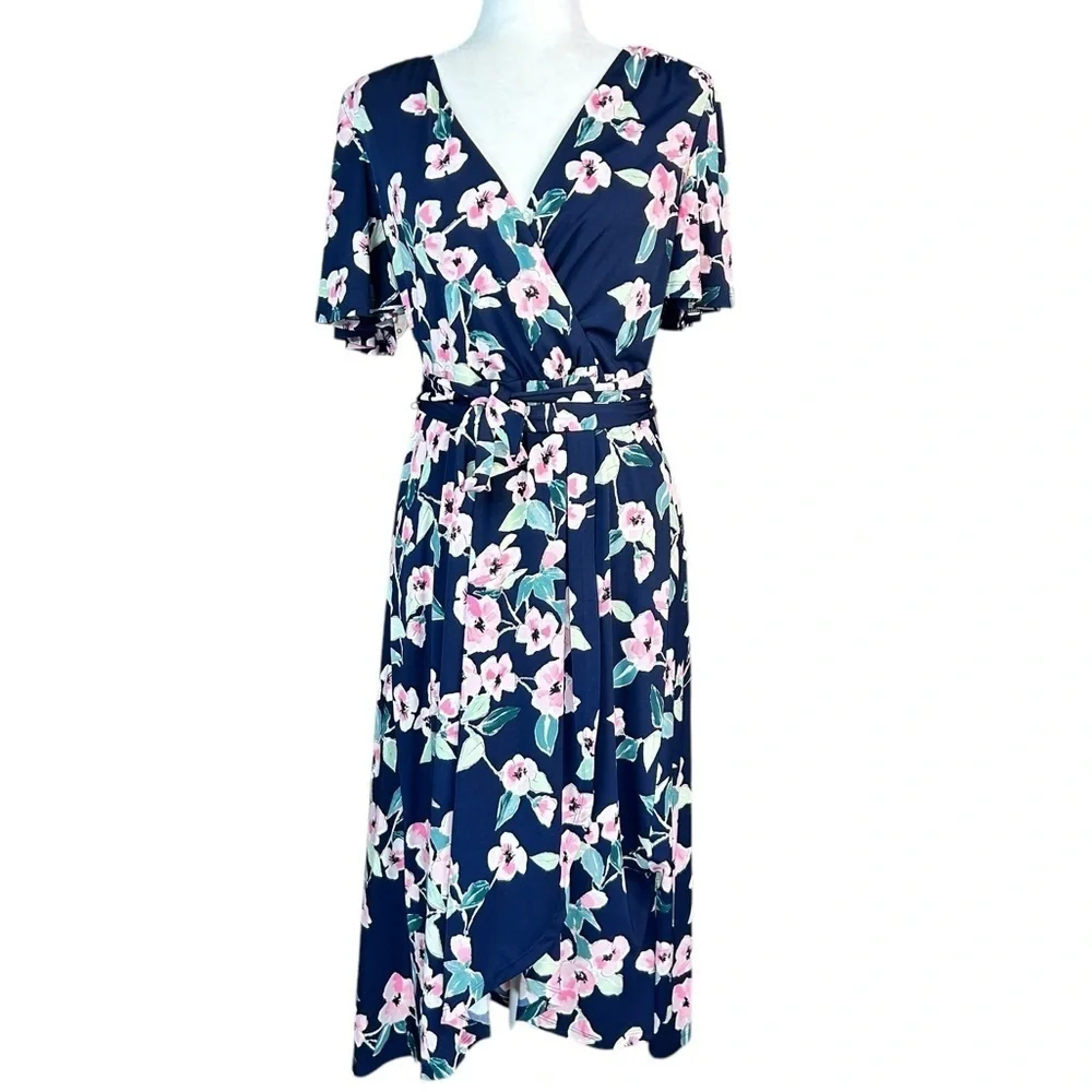 NEW ELIZA J Ditsy Floral Faux Wrap Dress Jersey Knit 12 Surplice Neck Belted